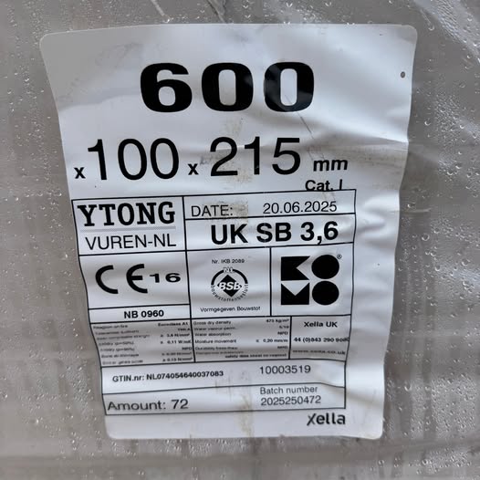 YTONG Standard 3.6N Block, Natural, 600 x 215 x 100 mm - Image 2